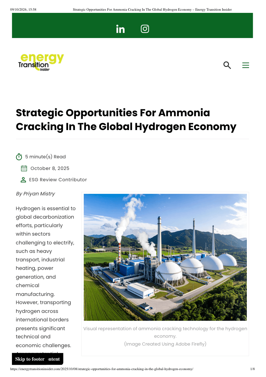 Strategic Opportunities for Ammonia Cracking in the Global Hydrogen Economy