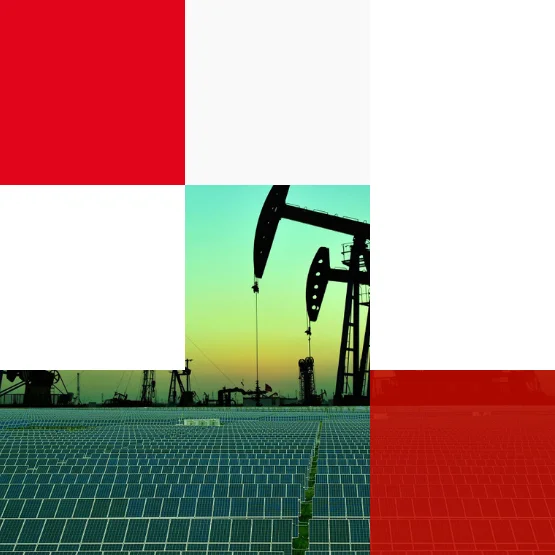 Solar panels in an oil field,an example of a clean energy source